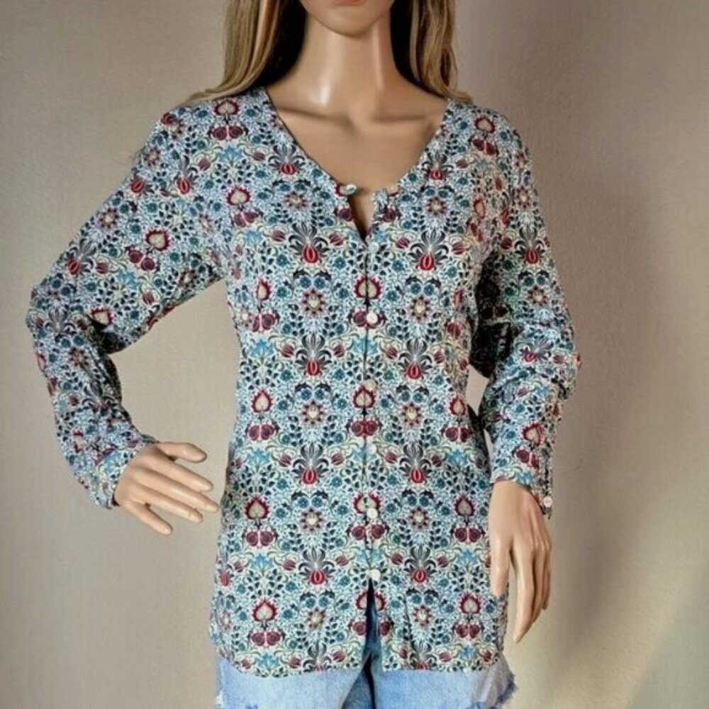 J Jill Paisley Floral Blouse Womens Medium Button-up Long Sleeve High-Low Hem